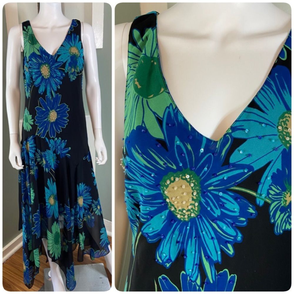 Vintage Y2K 90s Floral Handkerchief Sheer Daisies Maxi Slip Dress Asymmetrical
